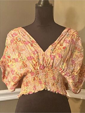 cupcakes & cashmere Pink Yellow Floral Smocked Crop Top
